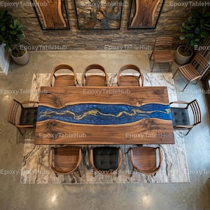 Blue Epoxy River Table with Gold Leaf | Solid Walnut Live Edge Dining Table | Custom Kitchen Table | Luxury Decor | Live Edge Slab Table top