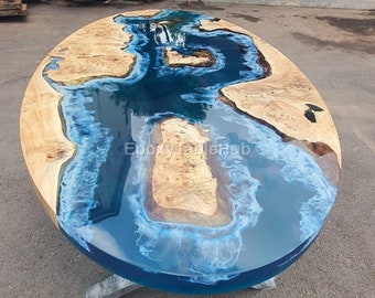 Mesa redonda de resina con diseño oceánico: Mesa de centro artesanal con borde natural y río.