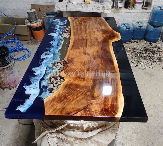 Handmade Ocean Resin Table: Live Edge Coastal Beach Decor