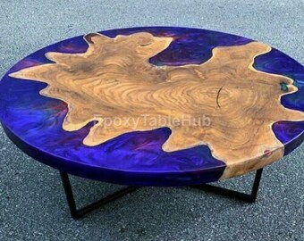 Mesa de centro redonda de resina epoxi hecha a mano: diseño de río con borde natural de madera