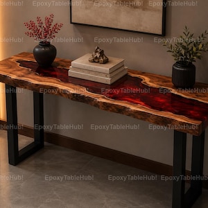 Live Edge Walnut Red Epoxy River Console Table Handmade Luxury Entryway Sofa Table Modern Resin Hallway Table Red Epoxy River Console Table
