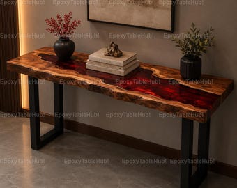 Live Edge Walnut Red Epoxy River Console Table Handmade Luxury Entryway Sofa Table Modern Resin Hallway Table Red Epoxy River Console Table