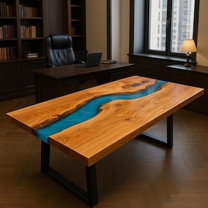 Blauer Epoxy Flusstisch - Live Edge Harz-Holztisch | Kundenspezifischer Esstisch, Büro-Schreibtisch, handgemachte Epoxy-Möbel