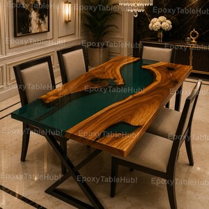 Emerald Green Epoxy River Dining Table Live Edge Walnut Wood Table, Handmade Resin River Modern Dining Room Furniture Epoxy River Table