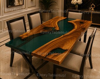 Emerald Green Epoxy River Dining Table Live Edge Walnut Wood Table, Handmade Resin River Modern Dining Room Furniture Epoxy River Table