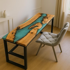 Turquoise Epoxy River Table: Live Edge Wood & Resin Desk