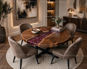 Handmade Purple Epoxy River Round Dining Table | Live Edge Walnut Wood Table | Luxury Resin Dining Table Round Epoxy River Dining Table