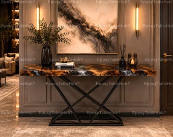 Mesa consola River hecha a mano en madera de raíz con resina epoxi negra, mueble de pasillo con borde natural