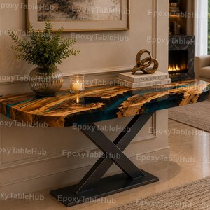 Handmade Blue Epoxy River Console Table, Live Edge Wood Entryway Table, Modern Luxury Epoxy River Console Sofa Table Custom Console Table