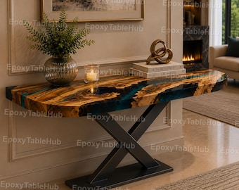 Handmade Blue Epoxy River Console Table, Live Edge Wood Entryway Table, Modern Luxury Epoxy River Console Sofa Table Custom Console Table