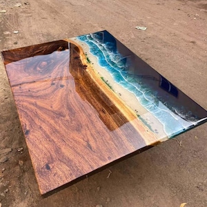 Handmade Ocean Resin Table: Live Edge Coastal Beach Decor