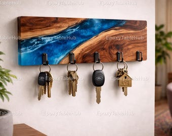 Blue Epoxy River Key Holder | Live Edge Wood Wall Key Rack | Modern Rustic Entryway Organizer | Handmade Home Decor