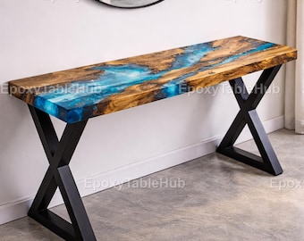 Live Edge Olive Wood Epoxy River Table – Ocean Blue Resin Console – Handmade Entryway Sofa Table – Luxury Modern Furniture table top