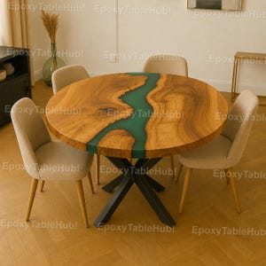 Round Green Epoxy River Dining Table Live Edge Olive Wood Table Handmade Resin Dining Table Modern Round Kitchen  Green Epoxy River Table