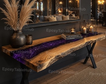 Handmade Cosmic Purple Epoxy Console Table | Live Edge Wood River Table | Luxury Modern Sofa & Hallway Table Luxury Hallway Furniture