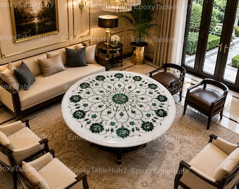 Luxury Marble Inlay Coffee Table, Handmade White Marble Center Table, Green Floral Pietra Dura Table, Elegant Living Room Table