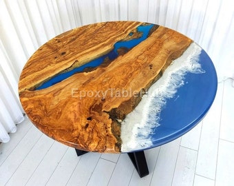 Mesa redonda de resina oceánica: mesa de centro/comedor hecha a mano con borde natural y resina epoxi con diseño de río.