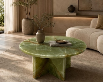 Green Onyx Coffee Table Round Marble Cocktail Table Luxury Stone Table Modern Living Room Furniture Round Green Onyx Marble Coffee Table