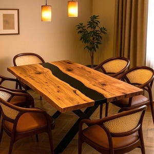 Custom Live Edge Wood Table with Black Epoxy River – Modern Resin Dining Table – Handmade Epoxy River Table – Solid Wood Conference Table
