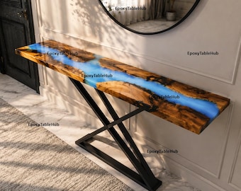 Blue Resin River Console Table – Live Edge Walnut Entryway Table – Luxury Epoxy Wood Hallway Table –Modern River Design Walnut Console Table
