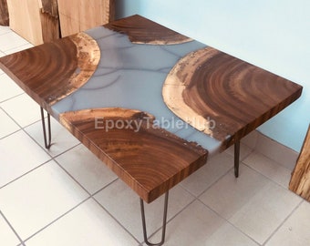 Epoxidharz-Tisch, Esszimmer, Sofa, Mitteltischplatte Live Edge Walnusstisch, Sonderanfertigung, Epoxidharz-Flusstisch, NUR TISCH aus Naturholz,