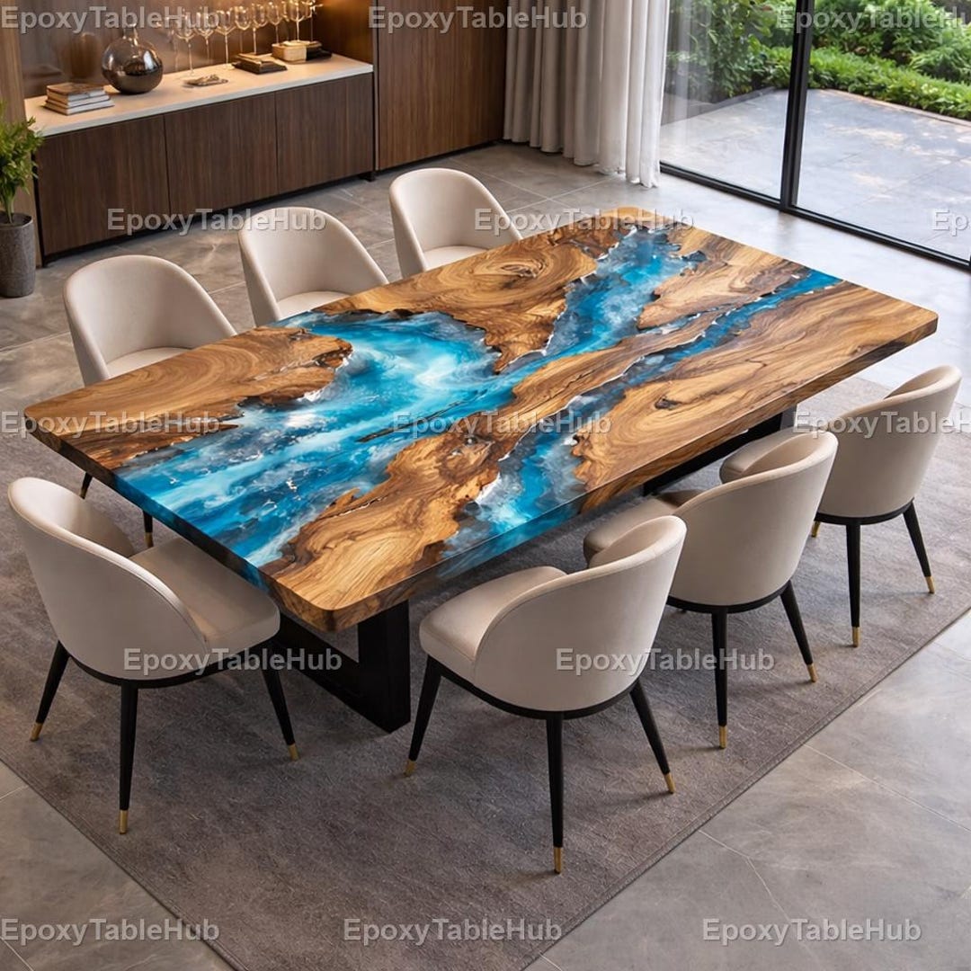 Blue Epoxy River Dining Table | Live Edge Walnut Wood Table | Ocean ...