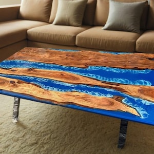 Handmade Ocean Resin Coffee Table: Live Edge Wood, Coastal Decor