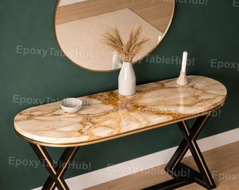 Luxury Marble Console Table | Oval Stone Entryway Table Modern Hallway Furniture Cream Marble Console Table Luxury Hallway Decor