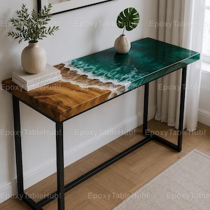Luxury Emerald Green Epoxy River Console Table, Live Edge Wood Entryway Table, Ocean Wave Resin Sofa Table, Modern Hallway Furniture