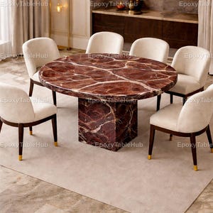 Rosso Levanto Marble Dining Table – Round Red Marble Table – Luxury Italian Stone Dining Table – Pedestal Base  – Rosso Levanto Round Table