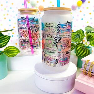 Beautiful Bookaholic full wrap glass cup in Frosted or Iridescent