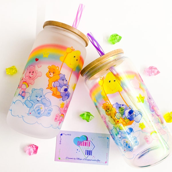 Cute Rainbow and Bears frosted or Iridescent Glass Cup