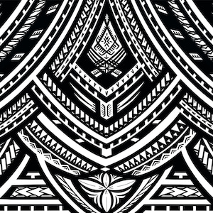 May include: Black and white geometric pattern with a tribal design. The pattern is symmetrical and features a variety of shapes, including triangles, squares, and circles.