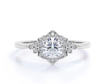 Oro blanco de 14 k, hermoso anillo de bodas para mujer, regalo de cumpleaños para ella, anillo de regalo de aniversario, regalo personalizado, diamante de talla redonda de 1,11 ct