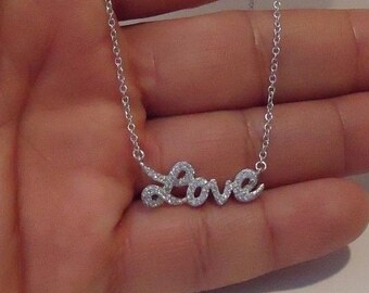 Love Word Engagement Necklace, 1.2Ct Lab Created Diamond, 14K White Gold Pendant, Pendant With Chain, Necklace For Women, Modernist Necklace