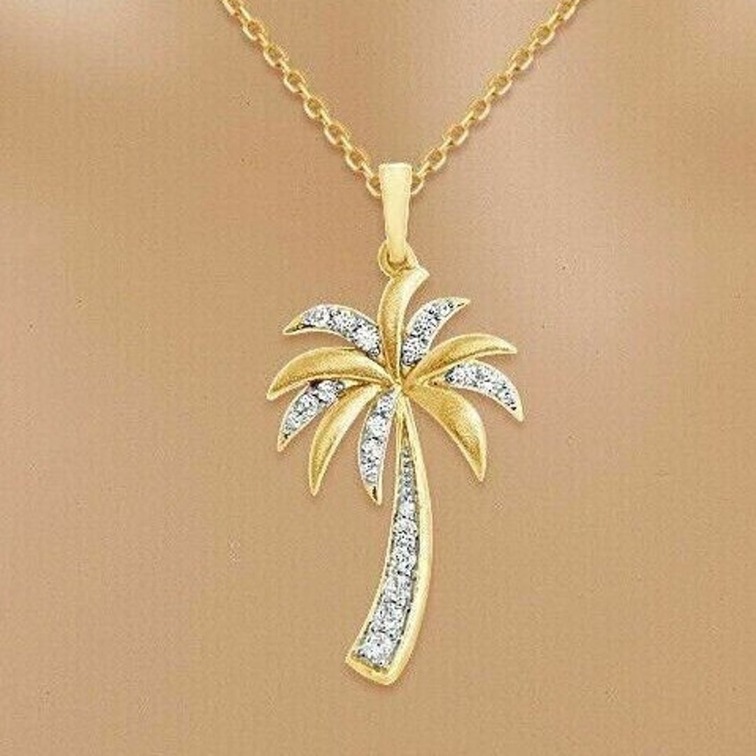 Palm Tree Necklace, 1.5 Ct Round Diamond, 14K Yellow Gold Plated