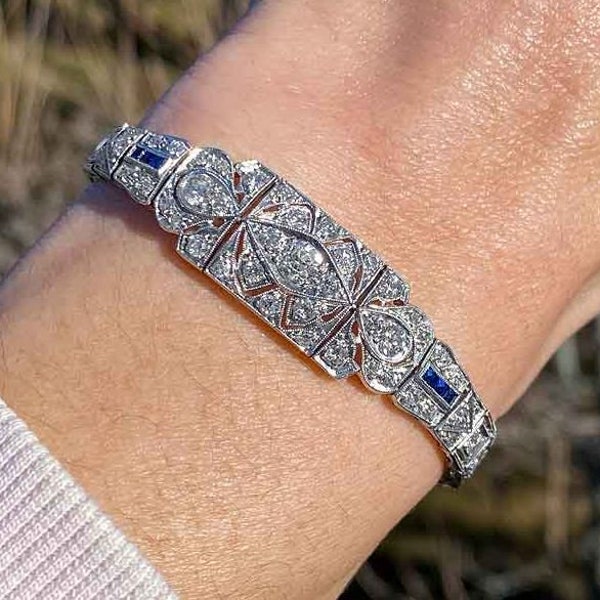 Vintage style Diamond Bracelet, 14k White Gold, Women Wedding Jewelry, Anniversary Gift, Birthday Gift, Everyday Bracelet, Custom Bracelet