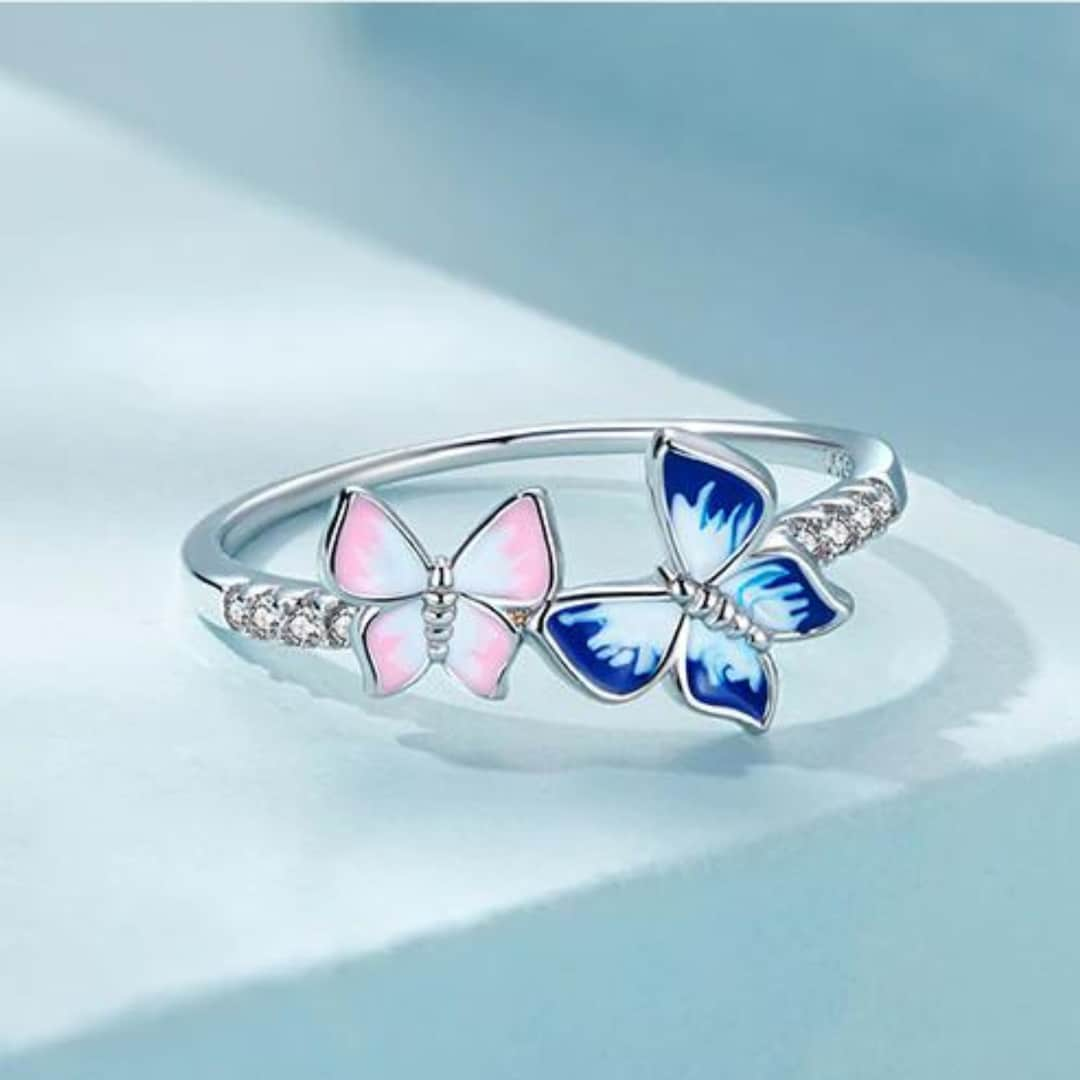 Butterfly Enamel Ring Enamel Ring Blue Pink Butterfly - Etsy