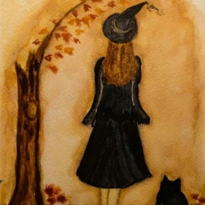 Bruja caminando por un sendero brumoso. Impresión de bruja y gato de mi acuarela original. Bruja en acuarela. Impresión artística de bruja. Arte de bruja de fantasía