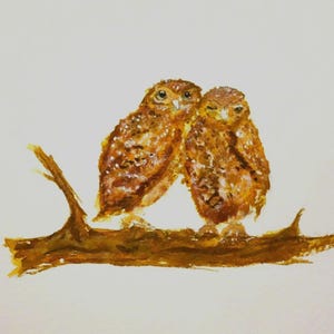 Couple of Cute Owls in Wartercolour. Mini Print of a couple of Owls of my original Watercolor Painting. Loving couple love birds Art