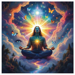 Könnte beinhalten: Digitale Kunst, die eine Person in Meditation in der Lotusposition zeigt, umgeben von Wolken, Schmetterlingen und strahlendem Licht. Die Farbpalette umfasst Blau-, Orange-, Gelb- und Violetttöne, wodurch eine spirituelle und ätherische Szene entsteht.