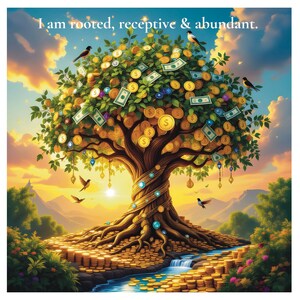 Könnte beinhalten: Eine Illustration eines Geldbaums mit Geldscheinen und Münzen als Blätter und Früchte. Der Baumstamm ist mit Gold und blauen Edelsteinen umwickelt. Der Text "I am rooted, receptive & abundant." ist enthalten.