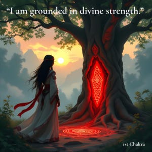May include: An illustration of a woman in a white and red dress standing before a large tree with a glowing red center. The text "I am grounded in divine strength" is at the top, and "1st Chakra" is at the bottom. The background features a sunset.