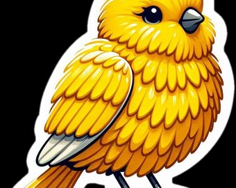 May include: A yellow cartoon bird sticker with a white outline. The bird has a fluffy appearance with detailed feathering, a black beak, and black eyes. It is perched on a small, round, white platform with black legs, set against a black background.