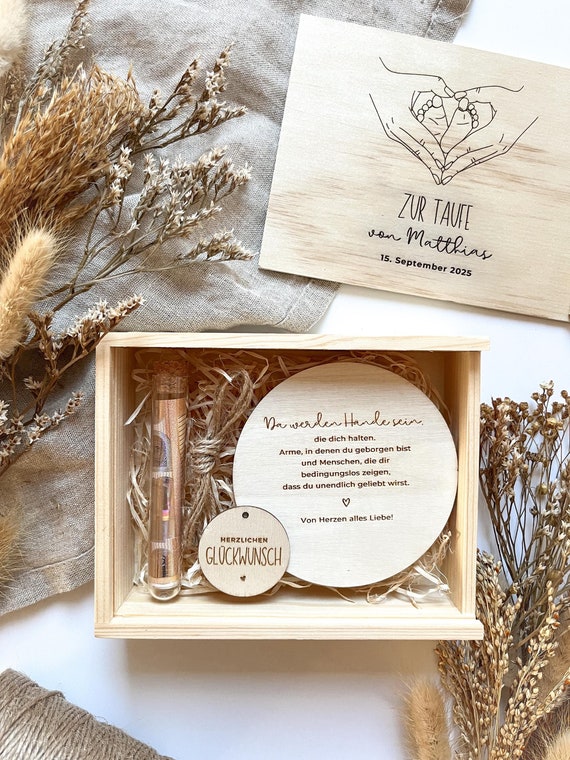 Taufgeschenk Set Mit Holzbox - Inklusive Trockenblumen & Geldröhrchen Für Mädchen & Jungen