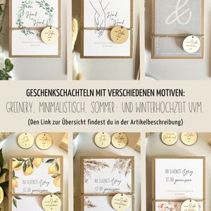 Personalisierte Geschenkschachtel als Geldgeschenk zur Hochzeit. Personalisiertes Hochzeitsgeschenk für das Brautpaar. Personalisiertes Geldgeschenk mit edler Leinenkarte mit Gravur der Namen und des Hochzeitsdatums.