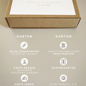 Personalisiertes Geldgeschenk zur Hochzeit. Der Karton ist aus umweltfreundlichem Kraftkarton und die Karten sind edles Leinenpapier. Gelaserte Personalisierung, Schiebekarton, Platz für persönliche Worte und gefaltete Geldscheine.