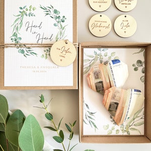 Personalisierte Geschenkschachtel als Geldgeschenk zur Hochzeit im Greenery Design mit Eukalyptus.Personalisiertes Hochzeitsgeschenk für das Brautpaar.Personalisiertes Geldgeschenk mit edler Leinenkarte mit Gravur der Namen und des Hochzeitsdatums.