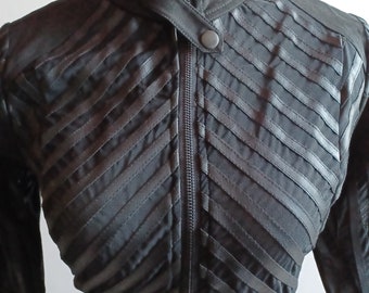 Cyber Goth Lip Service Shadow Leather Stripe Jacket Tulle vegan leather M 38 black uniform