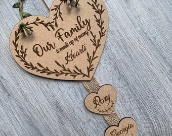 Personalised engraved wooden family heart plaque sign wall hanging gift